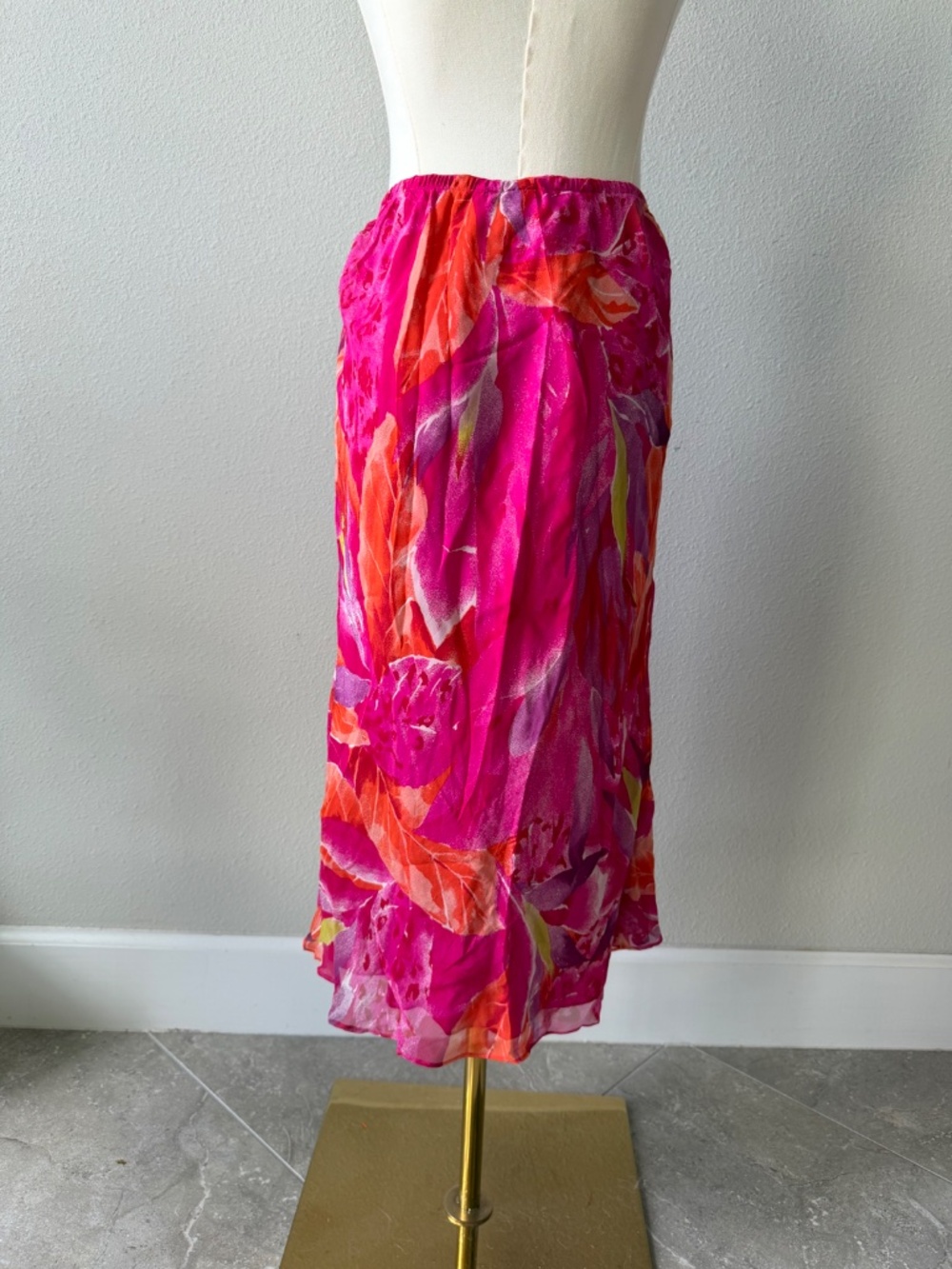 STUNNING Vintage Tess 100% Silk Floral Midi Skirt Bright Pink & Orange Sz Medium - Picture 2 of 7